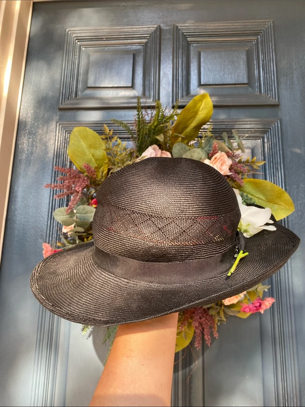 Vintage Miss Bierner Black Wide-Brim Dress Hat with Floral & Feather Accent